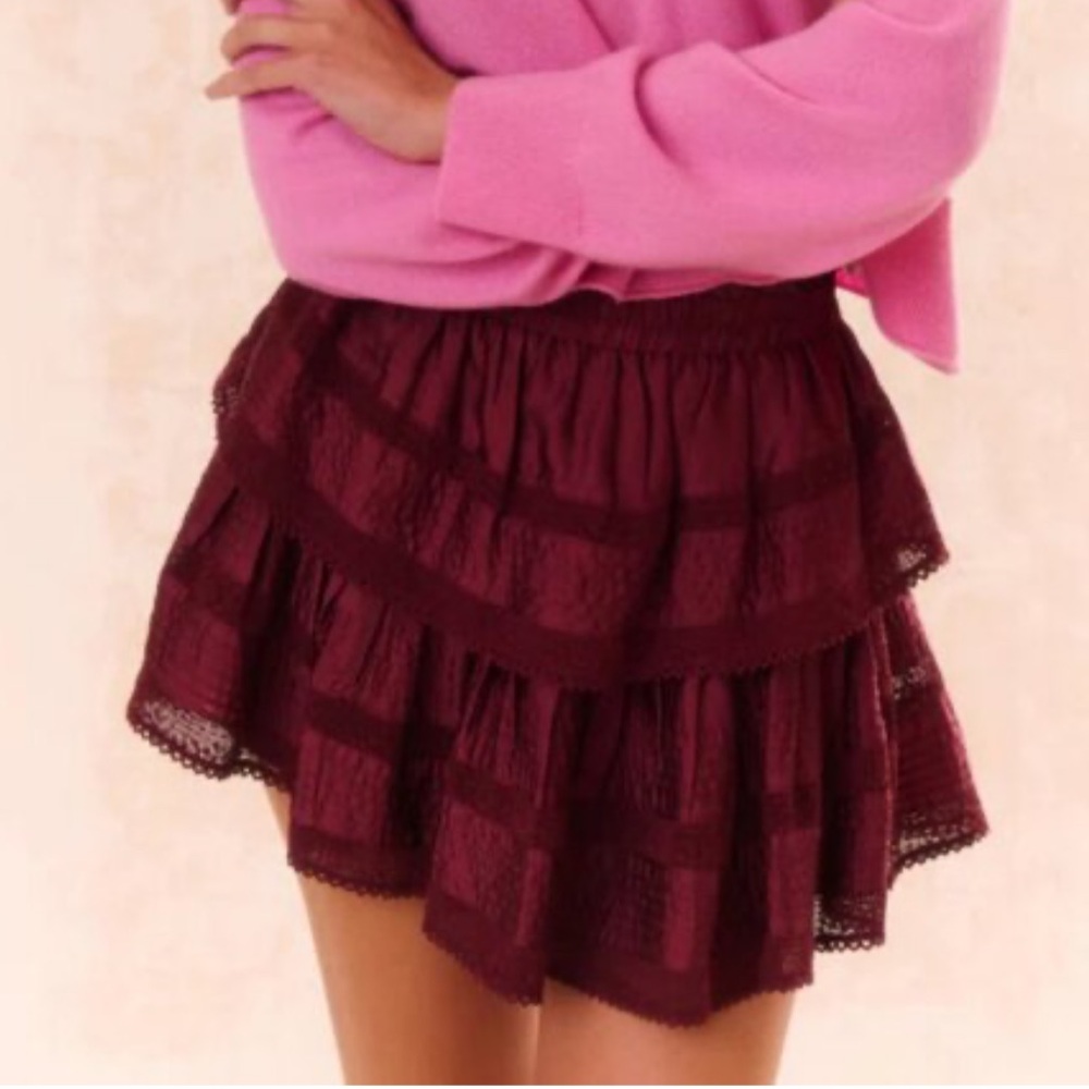 LOVESHACKFANCY RUFFLE MINI TIERED SKIRT OXBLOOD. Size XL. MSRP 275 - Picture 3 of 15